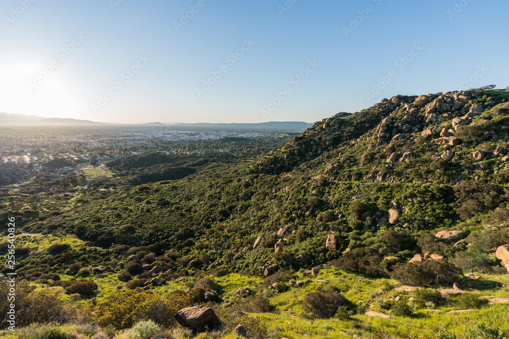 Early spring morning view of Los Angeles and the San Fernando Valley from hilltop at Santa Susana Pass State Historic Park.
