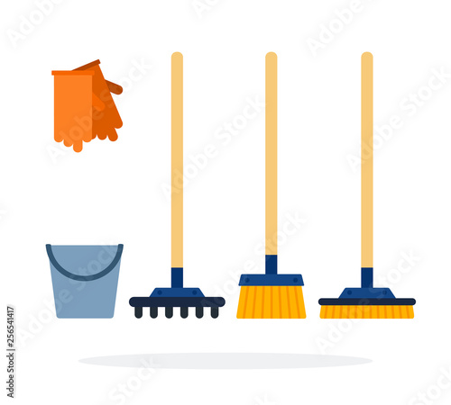Bucket, gloves, rakes and brushes for cleaning flat isolated