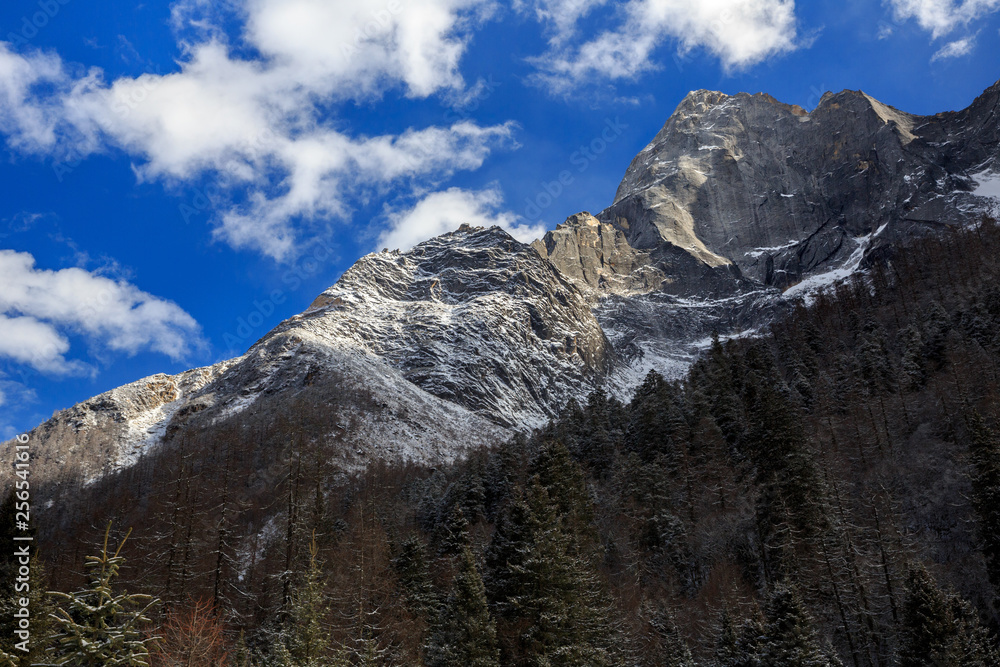 Fototapeta premium ShuangQiao Valley Scenic Area, Siguniangshan - Four Girls Mountain National Park in Sichuan Province, China. Snow Capped Jagged Mountains with clouds forming at the summit. Blue Sky, Snow Mountains
