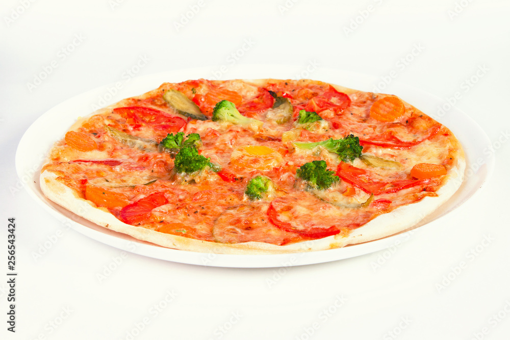pizza with broccoli, tomatoes and vegetables on plate