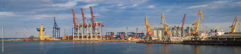 Loading grain to the ship in the port. Panoramic view of the ship, cranes, and other infrastructures of the port.