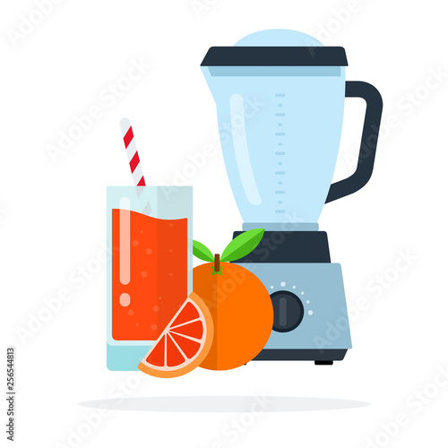 Glass of grapefruit juice with straw, a slice of grapefruit and a blender flat isolated