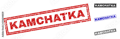 Grunge KAMCHATKA rectangle stamp seals isolated on a white background. Rectangular seals with distress texture in red, blue, black and grey colors.