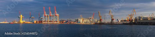 Loading grain to the ship in the port. Panoramic view of the ship, cranes, and other infrastructures of the port.