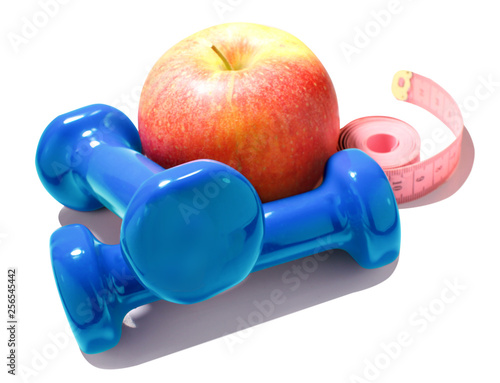 dumbbell blue, balls, isolated on white background, training at home fitness concept, dumbbell weights on wood floor at fitness gym . Weight loss and health. Sport fit lifestyle.