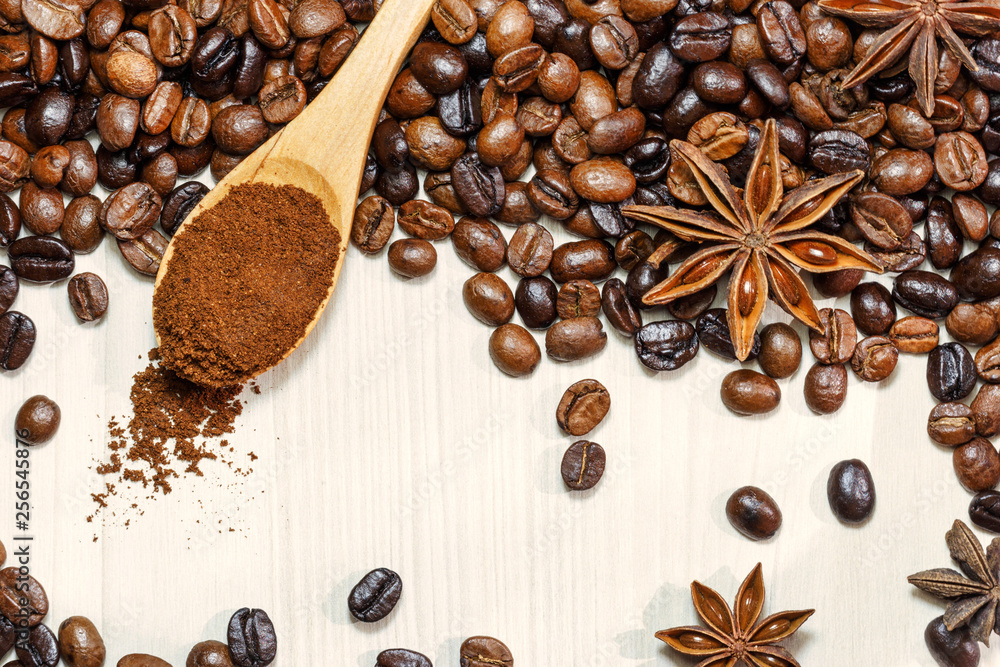 Coffee and spices on a light wooden table Coffee and spices on a light wooden table