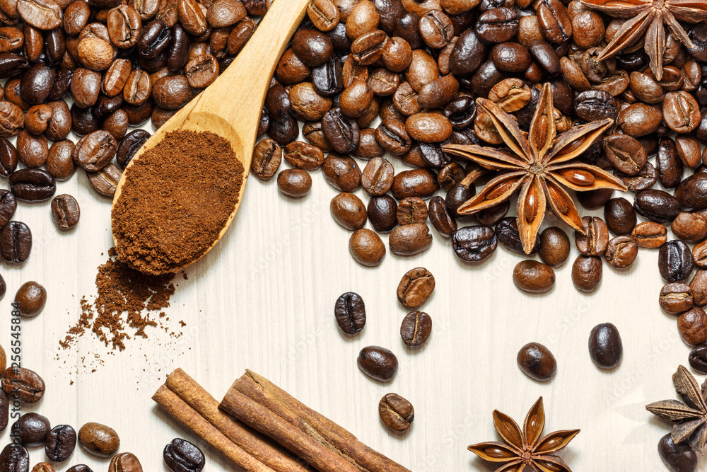 Coffee and spices on a light wooden table Coffee and spices on a light wooden table