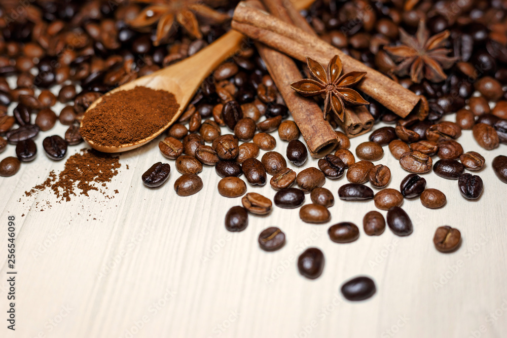 Coffee and spices on a light wooden table Coffee and spices on a light wooden table