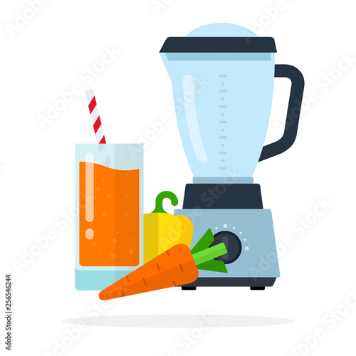 Vegetable juice in a glass, carrots, yellow pepper and blender flat isolated
