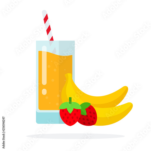 Banana strawberry smoothies in a glass with straws and bananas and strawberries near flat isolated