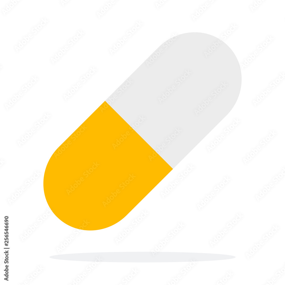 White yellow capsule of sports vitamins flat isolated White yellow capsule of sports vitamins flat isolated