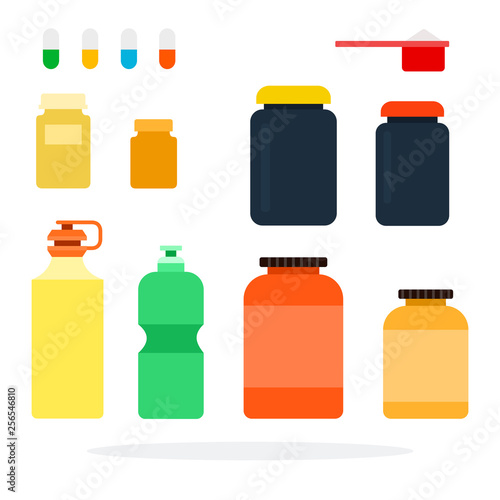 Nutritional supplements, sports vitamins and sports bottles for water flat isolated