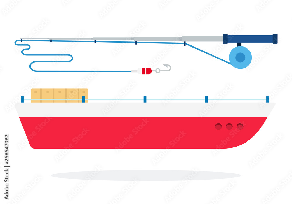 Obraz premium Fishing boat and spinning vector flat isolated