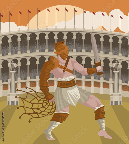 gladiator warrior in the arena with net and gladius sword