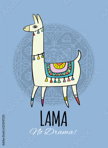 Cute lama character. Greeting card for your design