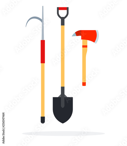 Fire gaff, shovel and an ax flat isolated vector