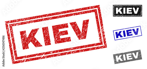 Grunge KIEV rectangle stamp seals isolated on a white background. Rectangular seals with grunge texture in red, blue, black and grey colors.