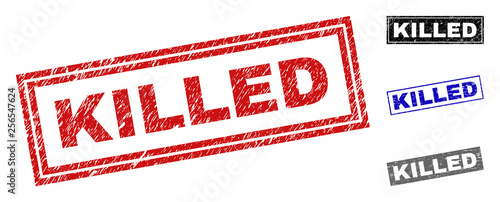 Grunge KILLED rectangle stamp seals isolated on a white background. Rectangular seals with grunge texture in red, blue, black and gray colors.