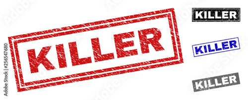 Grunge KILLER rectangle stamp seals isolated on a white background. Rectangular seals with grunge texture in red, blue, black and grey colors.