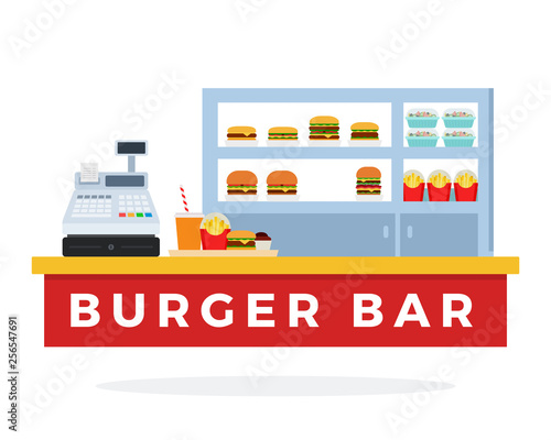 Fototapeta Naklejka Na Ścianę i Meble -  Burger Bar with tools flat vector