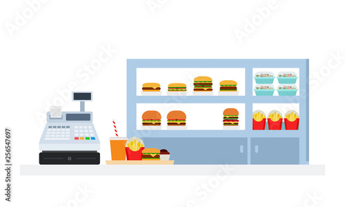 Burgers, salads and french fries on shelf with a cash register flat isolated