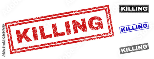 Grunge KILLING rectangle stamp seals isolated on a white background. Rectangular seals with grunge texture in red, blue, black and gray colors.