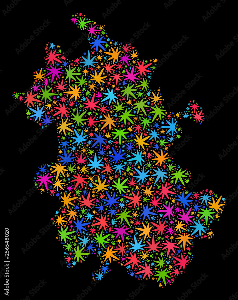 Bright vector cannabis Anhui Province map collage on a black background. Concept with multi-colored weed leaves for weed legalize campaign. Vector Anhui Province map is organized with cannabis leaves.