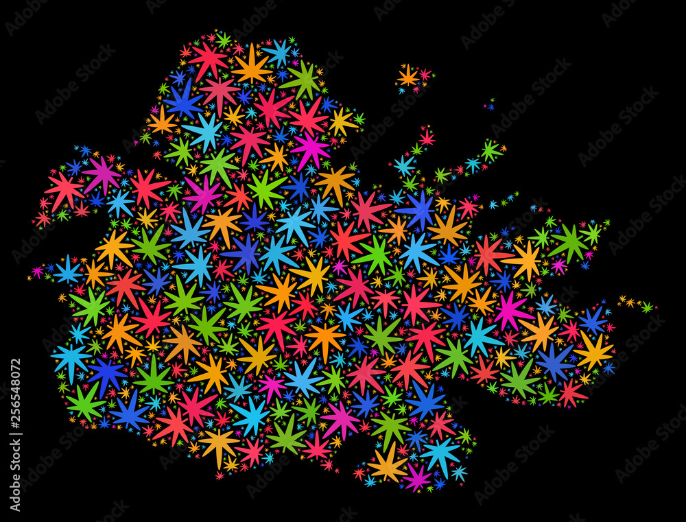 Bright vector marijuana Antigua Island map mosaic on a black background. Concept with bright weed leaves for marijuana legalize campaign. Vector Antigua Island map is composed with cannabis leaves.