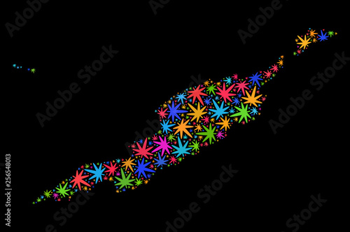 Bright vector marijuana Anguilla Islands map collage on a black background. Concept with colored herbal leaves for marijuana legalize campaign.