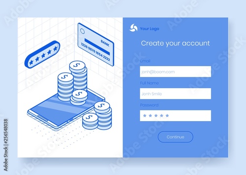 Digital isometric design concept set of financial online banking app 3d icons,ready to use sign in,create account,registration online form.Isometric business financial symbols,internet page concept
