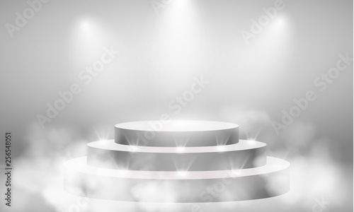 Round pedestal. Stage podium with lighting. Winner podium and Scene with for Award Ceremony concept. Stage backdrop on fog effect.  vector Illustration
