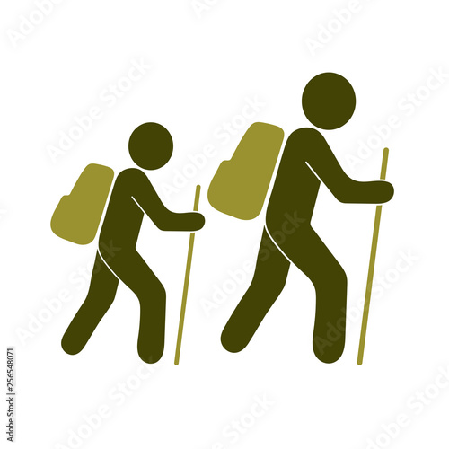 Hiking tourists with compass icon
