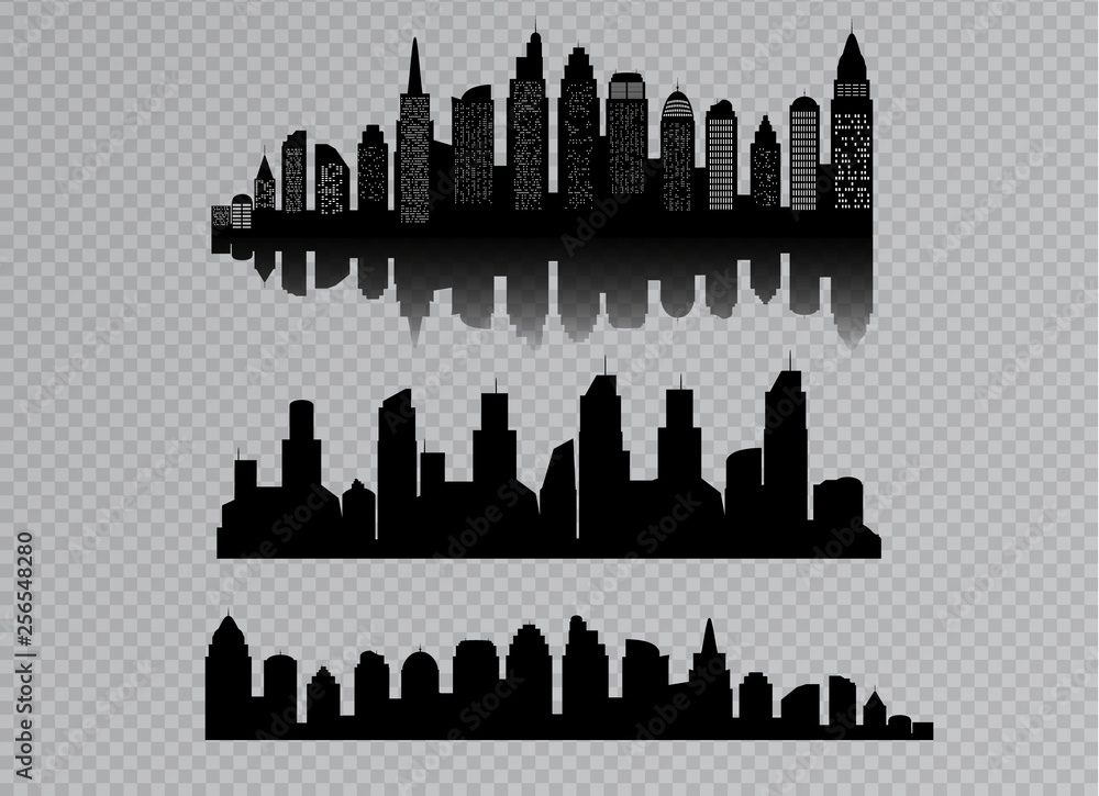 Fototapeta premium The silhouette of city with black color Isolated on a transparent background. in a flat style. Modern urban landscape. vector illustration.