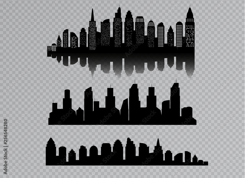 The silhouette of city with black color  Isolated on a transparent background. in a flat style. Modern urban landscape. vector illustration.