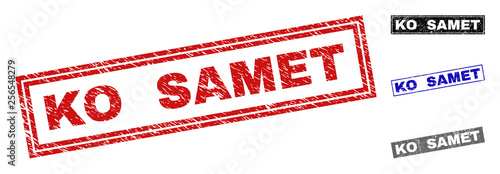 Grunge KO SAMET rectangle stamp seals isolated on a white background. Rectangular seals with grunge texture in red, blue, black and gray colors.