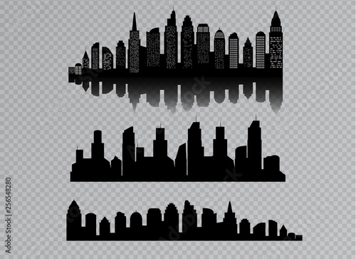 The silhouette of city with black color Isolated on a transparent background. in a flat style. Modern urban landscape. vector illustration.
