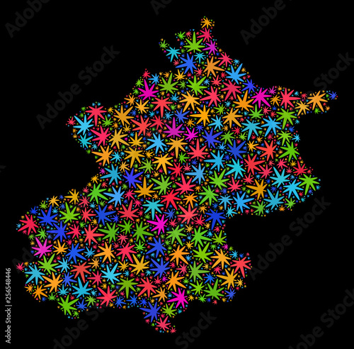 Bright vector marijuana Beijing City map collage on a black background. Template with multi-colored weed leaves for weed legalize campaign. Vector Beijing City map is composed with marijuana leaves.