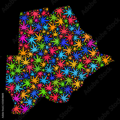 Bright vector marijuana Botswana map collage on a black background. Concept with bright herbal leaves for hemp legalize campaign. Vector Botswana map is created with herbal leaves.