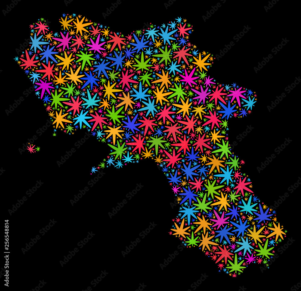 Bright vector marijuana Campania region map mosaic on a black background. Template with colorful weed leaves for marijuana legalize campaign.
