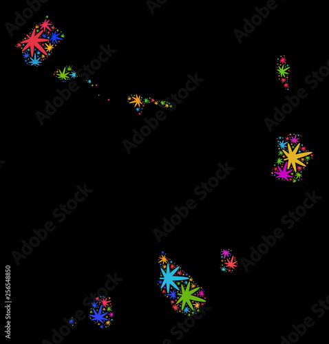 Bright vector marijuana Cape Verde Islands map collage on a black background. Concept with bright weed leaves for marijuana legalize campaign. Vector Cape Verde Islands map is composed of weed leaves.