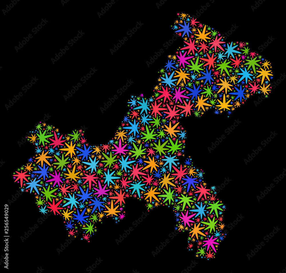 Bright vector marijuana Chongqing City map mosaic on a black background. Template with bright weed leaves for weed legalize campaign. Vector Chongqing City map is constructed from marijuana leaves.