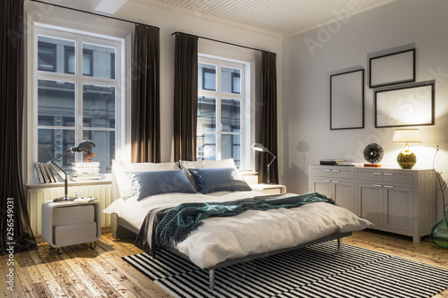 3D rendering von gemütlichem Schlafzimmer mit Bett in Altbau einer Stadtwohnung oder  Wohnung zum mieten oder kaufen bei Tag photo