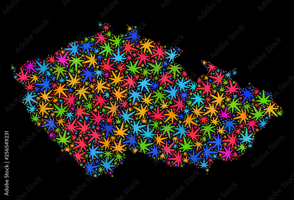 Bright vector cannabis Czech Republic map collage on a black background. Concept with bright weed leaves for cannabis legalize campaign. Vector Czech Republic map is organized with marijuana leaves.