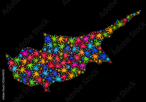 Bright vector cannabis Cyprus map mosaic on a black background. Template with bright weed leaves for cannabis legalize campaign. Vector Cyprus map is constructed with marijuana leaves.