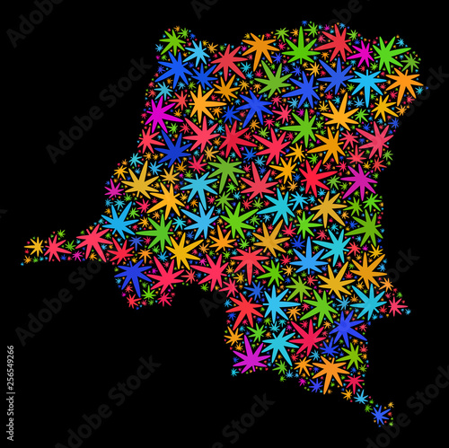 Bright vector marijuana Democratic Republic of the Congo map mosaic on a black background. Concept with colorful herbal leaves for marijuana legalize campaign.