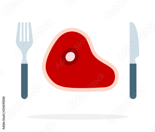 Raw meat on the bone with a fork and knife vector flat isolated