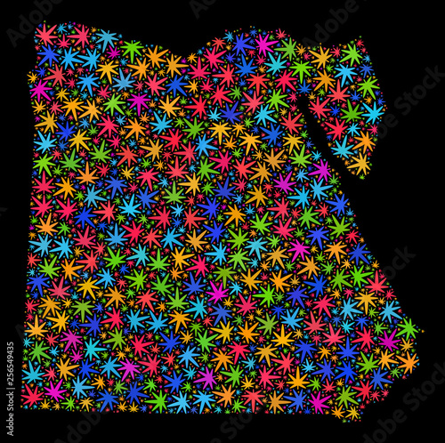 Bright vector cannabis Egypt map collage on a black background. Concept with bright herbal leaves for hemp legalize campaign. Vector Egypt map is created with ganja leaves.