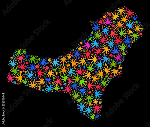 Bright vector marijuana El Hierro Island map mosaic on a black background. Concept with colorful weed leaves for marijuana legalize campaign.