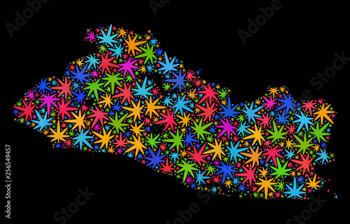 Bright vector marijuana El Salvador map mosaic on a black background. Concept with multi-colored weed leaves for cannabis legalize campaign. Vector El Salvador map is designed with cannabis leaves.