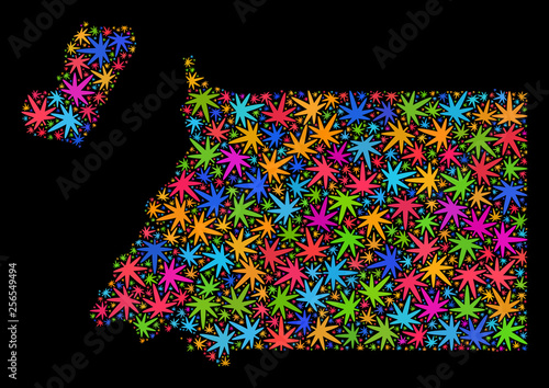 Bright vector cannabis Equatorial Guinea map mosaic on a black background. Template with bright herbal leaves for weed legalize campaign.